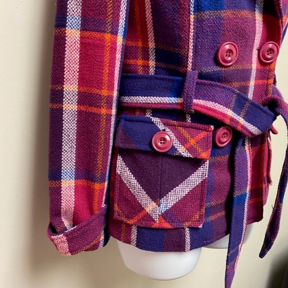 DEB Vintage 80's Trench Style Pea Coat Wool Blend Plaid Hood, size Small - Picture 4 of 15
